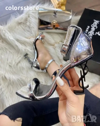 Сандали на ток - сребрист лак с черен ток - S-Y1L

