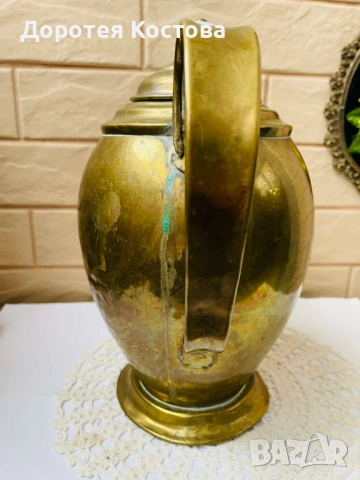 Голям месингов чайник от Англия с порцелан на капака, снимка 6 - Антикварни и старинни предмети - 53577942