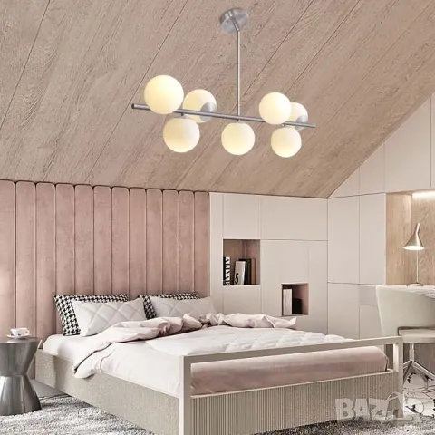 Модерен сребрист Висящ полилей с бял глобус осветление за (сребро), снимка 6 - Лампи за таван - 48969030