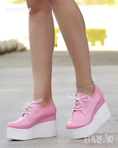 Обувки на платформа - розов лак с бяло ходило
