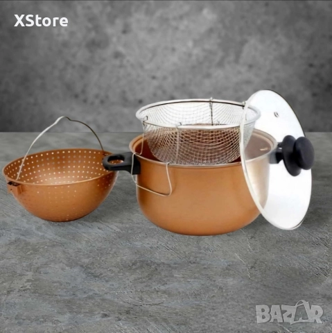 Тенджера с гевгир и кошница за пържене Voltz, 24*12.5см., Меден\въгл. стомана с незалеп. покр., снимка 3 - Съдове за готвене - 52394699