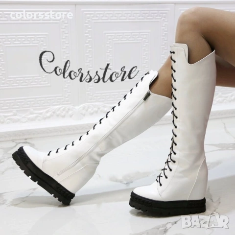 Ботуши на платформа - бяла кожа с черно ходило - BPL200