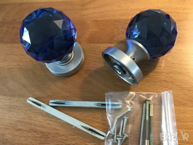 Дръжка за врата комплект от две, Луксозна, Синъо стъкло и метал, Активна/пасивна, снимка 1 - Други - 42182696