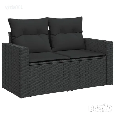 vidaXL Градински диван с възглавници, двуместен, черен, полиратан