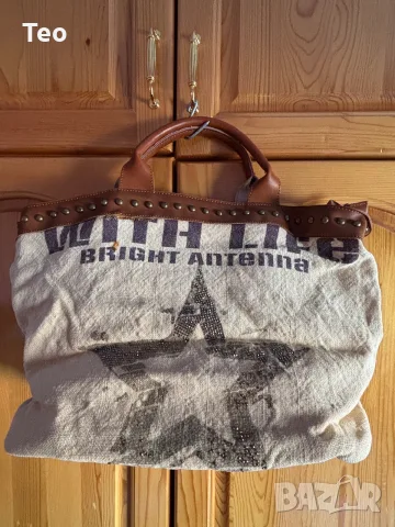 Голяма canvas (брезентова) чанта с кожени детайли и капси – В стил Vintage / Boho