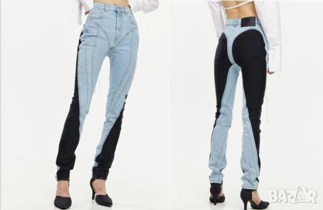 По Модел на MUGLER Модни Дамски Джинси Корейски Дънки с Висока Талия Пачуърк Вталени Разтегаем Модел