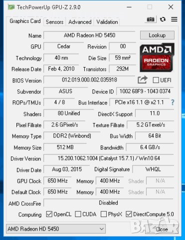 Продавам видео карта AMD Asus HD5450 512MB DDR2 64bit VGA DVI HDMI LP PCI-E, снимка 5 - Видеокарти - 41509235