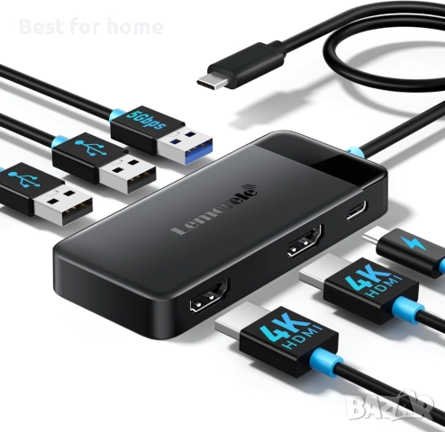 Професионален USB-C Хъб 10-в-1 Lemorele – Dual HDMI 4K, 100W PD, USB 3.0, Алуминиев