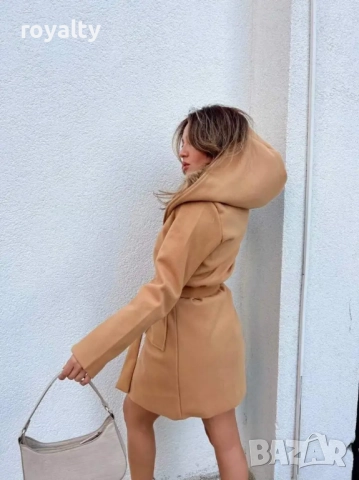 Дамско бежово палто с коланче и качулка в 3 цвята, снимка 3 - Палта, манта - 52162091