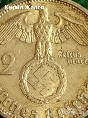 Сребърна монета 2 райхсмарки 1939г. Германия Трети Райх с Свастика за КОЛЕКЦИОНЕРИ 12678, снимка 3 - Нумизматика и бонистика - 53615104