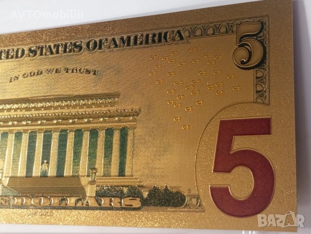 Позлатена с 24 карата злато релефна банкнота 5 долара със сертификат, снимка 10 - Нумизматика и бонистика - 51376047
