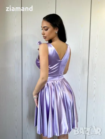 Сатенена рокля с панделки лилава, снимка 4 - Рокли - 49078733