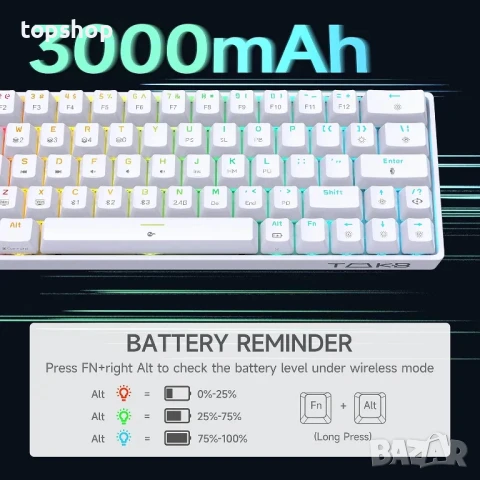 НОВА, ТЕСТВАНА Геймърска клавиатура TMKB T63, механична, безжична с Bluetooth донгъл, бяла..., снимка 2 - Клавиатури и мишки - 50575538