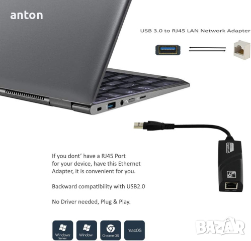 мрежова карта 1000Mbps USB3.0 Wired USB To Rj45 Gigabit Lan Ethernet Adapter Network Card RTL8153, снимка 4 - Кабели и адаптери - 44637946