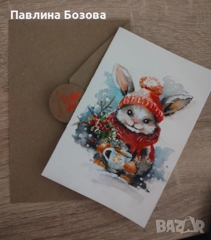 Картичка - Акварел ,,Зайче със шалче ,,, снимка 3 - Картини - 52840627