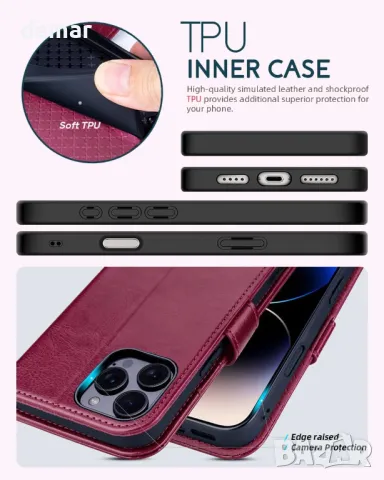 OCASE Кожен калъф за iPhone 16 Pro Max с каишка, стойка, портфейл с RFID блокиране, бордо, снимка 5 - Калъфи, кейсове - 47400771