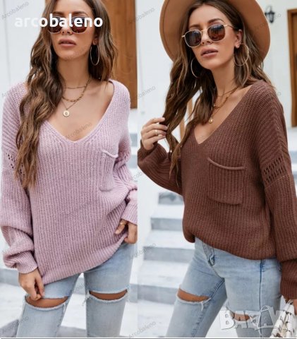 Дамски моден пуловер с джоб с V-образно деколте, 2цвята - 023, снимка 1 - Блузи с дълъг ръкав и пуловери - 38989095