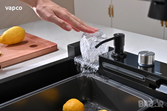 Черна мултифункционална кухненска мивка с двоен водопад , снимка 6 - Мивки - 52127972