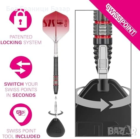 Нов Професионален дартс сет 95% волфрам K-Flex Swiss Storm 24g стрели, снимка 4 - Други спортове - 53278992