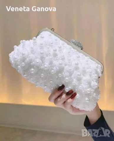 Бяла  вечерна чантичка с перли, снимка 3 - Чанти - 49978641