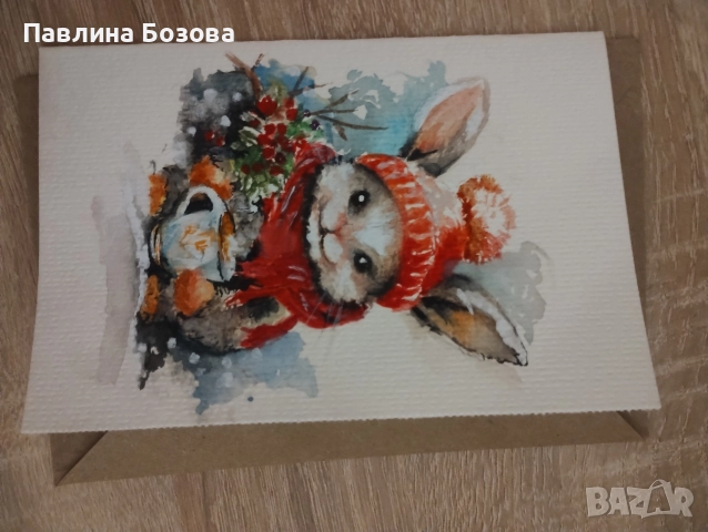 Картичка - Акварел ,,Зайче със шалче ,,, снимка 4 - Картини - 52840627