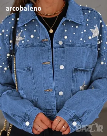 Дамско дънково яке с перлени шипове, 3цвята , снимка 2 - Якета - 47359162