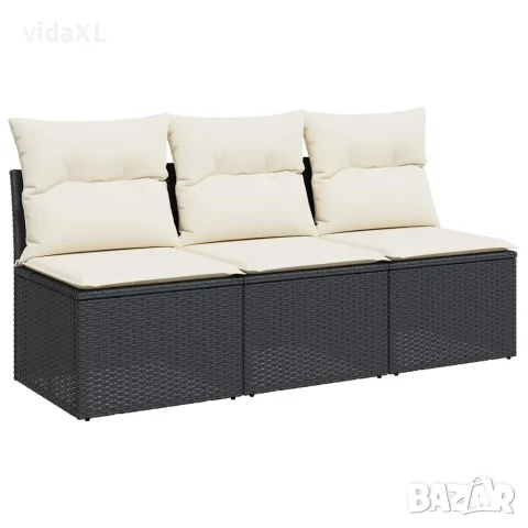 vidaXL Градински диван с възглавници, 3-местен, черен, полиратан