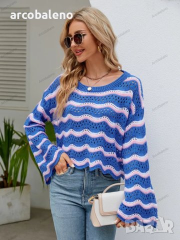 Дамски моден пуловер с дълги ръкави и кръгло деколте на райета, 3цвята - 023 , снимка 3 - Блузи с дълъг ръкав и пуловери - 42304853
