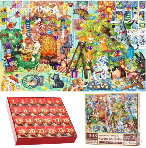 Коледен календар пъзел 1008 части Пъзел с животни Адвент календар 