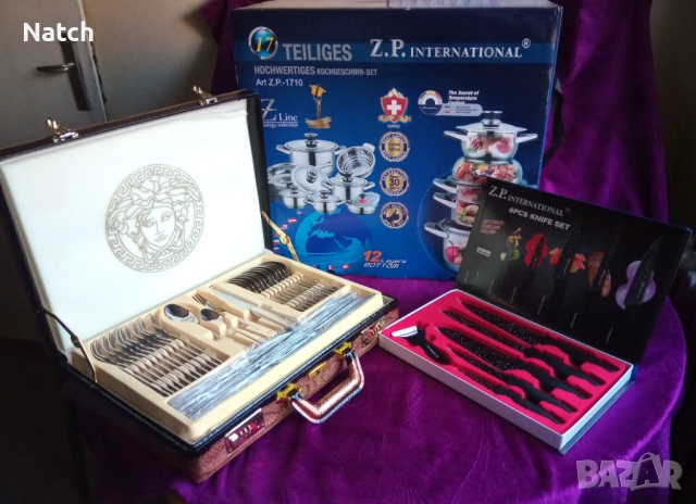 Комплект: Кухненски съдове за готвене, метало-керамични кухненски ножове и прибори за хранене за 12 