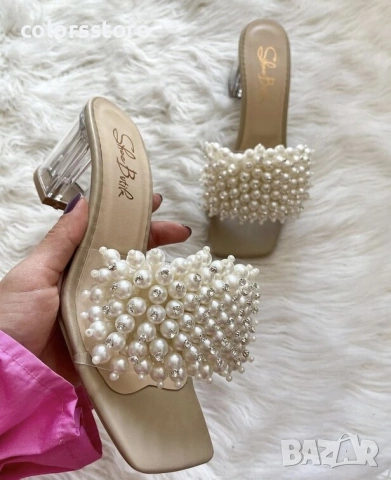 Чехли на ток - бежова кожа с перли - KP60 