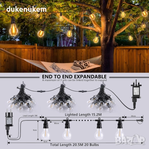 Външни LED лампички 20.5 м, 20 крушки, 8 режима, топла светлина, снимка 5 - Лед осветление - 52811586