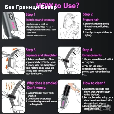 Нова Портативна йонна четка за изправяне – 9600mAh, бързо нагряване, снимка 8 - Други - 49291632