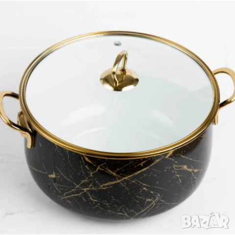 Тенджера Goldmann 24x15см.\6.2л.. Емайл. Индукция. Черен/Старо злато, снимка 2 - Съдове за готвене - 50442200