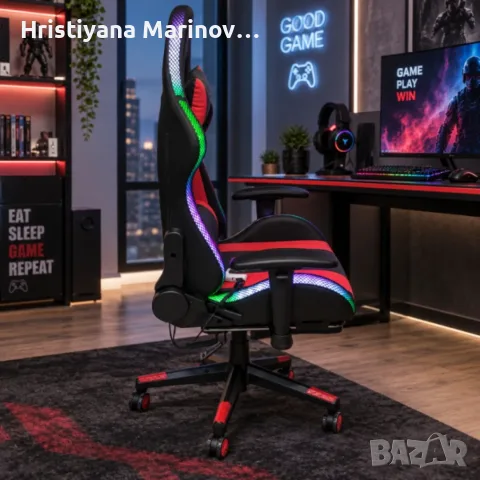 Комплект геймърско бюро с LED осветление и аксесоари и геймърски стол с RGB LED осветление и дистанц, снимка 4 - Бюра - 56143075