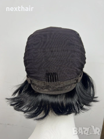 Къса черна перука с дантела 13x4 - скосен боб, естествен ефект, снимка 9 - Аксесоари за коса - 53830848