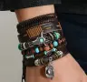 Винтидж мъжки сет кожени гривни с бохо елементи., снимка 10