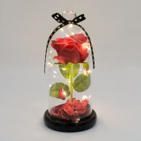 Изкуствена роза под стъклен похлупак, Дървена основа, Лед осветление, 11x24 см, снимка 3 - Подаръци за жени - 35761357