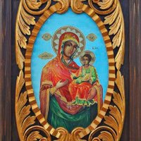 Икона ” Дева Мария с Младенеца ”, дърворезба, иконопис, снимка 1 - Икони - 19307618