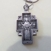 Старинен православен сребърен кръст разпятие Исус и на гърба Света Богородица и сребърно син, снимка 1 - Колиета, медальони, синджири - 40692836