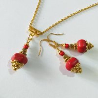 Разкошен комплект бижута с червен Тюркоаз и богати орнаменти в цвят злато , снимка 4 - Бижутерийни комплекти - 35973259