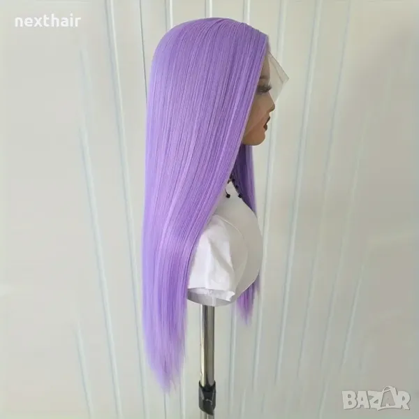 Светло лилава права синтетична перука с дантелена предна част лейс фронт, снимка 1