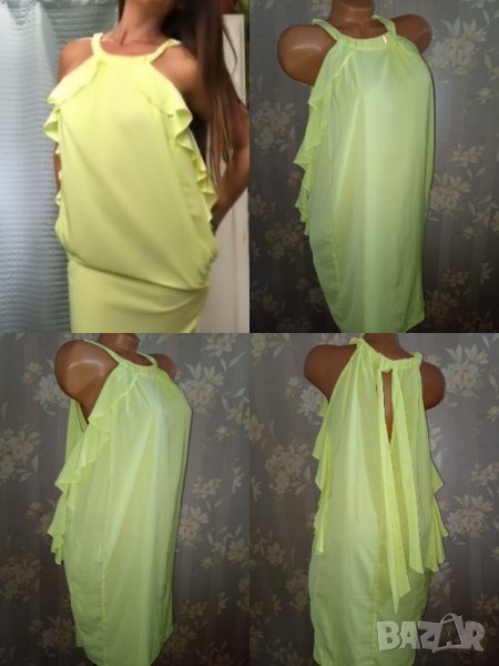 Н&М- М- Ефектна неонова рокля с голи рамене и волани, снимка 1