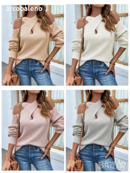 Дамски едноцветен пуловер с голи рамена, 4цвята , снимка 1