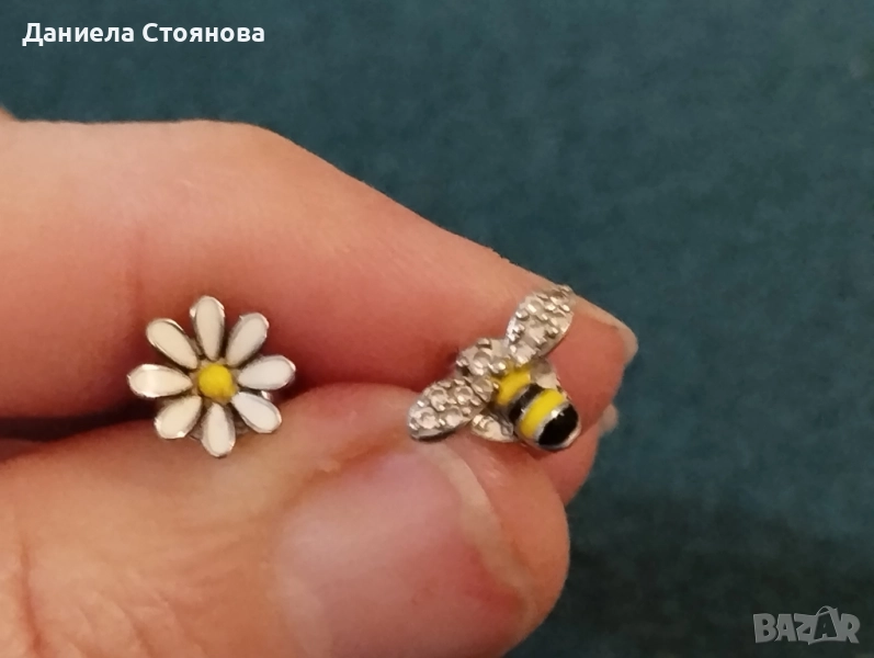 Сребърни обеци пчела и цвете, снимка 1