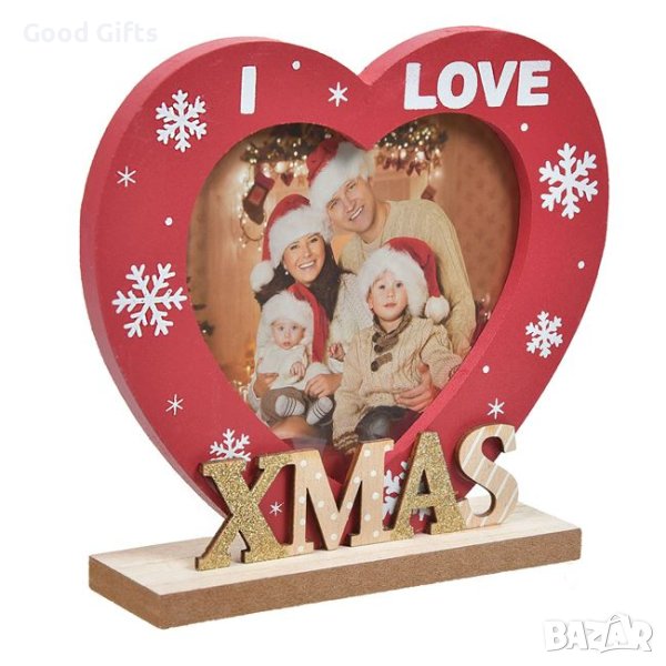 Коледна дървена рамка, Червено сърце, 15см, снимка 1