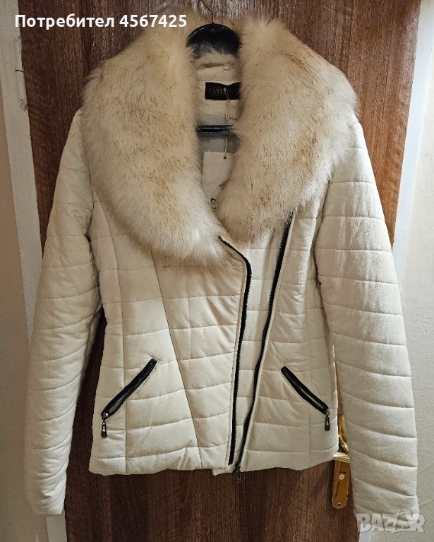 Ново дамско зимно яке от еко кожа, с пухена яка, снимка 1