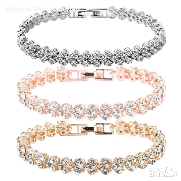 Елегантна гривна с кубичен цирконий – сребрист, златист и розово златисти цветове, 16.5 см, снимка 1