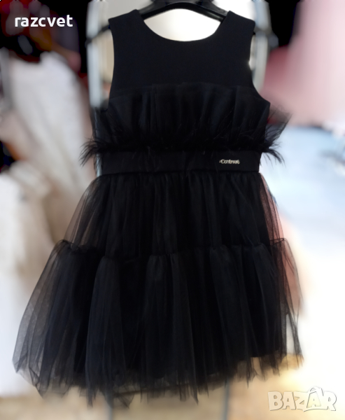 💃Детска официална рокля с тюл и щраусови пера за момиче в черно, снимка 1