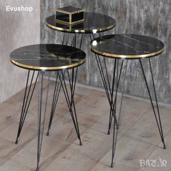 Комплект холни маси 3 броя - черен мрамор, снимка 1